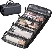 [pulunto] Travel Toiletry Bag 4 Detachable Clear Multi Compartments Hanging Makeup Bag Leather 4 in 1 Roll Up Large Capacity Compact Waterproof Foldable Cosmetic Bag