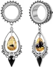 [Kolach] 1 Pair Droplet-shaped Dried Flower Bead Dangle Ear Gauges Piercing Jewelry Stainless Steel Ear Hangers Plugs Tunnels Women Retro Floral Texture Ear Stretchers Earrings Expander.