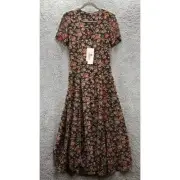 Lizsport Vintage NWT Size 4 Long Floral Short Sleeve Button Up Lined Dress