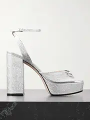 [Gucci] Gucci - Lady Horsebit-detailed Metallic Crinkled-leather Platform Sandals - Silver - IT39 IT 39 Silver