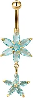 [Niaspi] Hypoallergenic Surgical Steel CZ Flower Dangle Belly Button Rings 14G Belly Piercing Jewelry for Women Dainty Cubic Zirconia Flower Navel Rings 3/8 Inch Navel Piercing Barbell