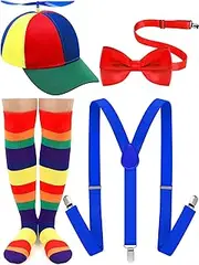 [Jiuguva] 4 Pcs Propeller Hat Rainbow Clown Hat Y Back Style Suspenders Bow Tie Striped Socks Set for Adult