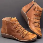 Women's Casual Flat Leather Retro Lace-up Boots Side Womens Leather Boots High