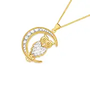 9ct Gold Two Tone Diamond-cut Owl Sitting On Moon Pendant