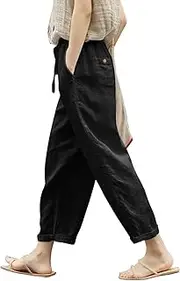 Wide Leg Linen Pants for Women Summer Drawstring High Waist Pants Loose Lightweight Comfy Trousers with Pockets 2025