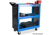Bullet 3-Tier Steel Tool Trolley Cart, for Workshop, Mechanic, with Pegboard, Screwdriver Bay, Blue