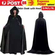 Adult Black Hooded Cape Robe Cloak Vampire Halloween Cosplay Costume Book Week