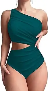 [Fanuerg] Women's One Shoulder One Piece Swimsuit Tummy Control Bathing Suits Sexy Cut Out Swimwear, Blue Green, Small
