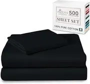 [Pizuna] Cotton Single Sheet Set, 500 Thread Count 100% Combed Cotton Sateen Weave Single Bed Sheet Set Include 1 Fitted Sheet, 1 Flat Sheet & 1 Pillow Case (Black Sheet Set - 3 PC)