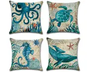 4 Pack Decorative and Comfy Underwater Animal Printed Throw Pillow Covers