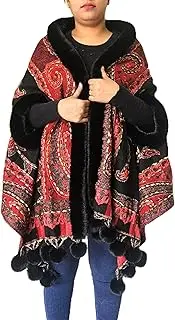 [Generic] Casual Paisley Print Wool Poncho with Faux Fur Trim, Black and Red, Pom Pom Detail Women Pullover, Black / Red, One Size