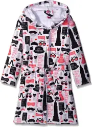 Up Past Girls Cute Fuzzy Soft 27" Long Hooded Robe, White/Pink, Medium (6-7) NEW