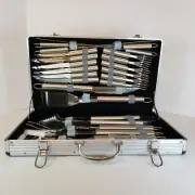 Stainless Steel 24 Pc. BBQ Utensil Tool Set w/ Aluminum Case Cooking Train Logo