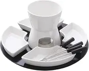 MOTRAIN Ceramic Chocolate Fondue Set, Melting Pot for Cheese, Chocolate & Caramel, Includes Wooden Palette & 4 Forks and 4 Plates, Ideal for Parties & Camping (White)