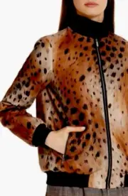 NWT $798 Lafayette 148 New York Melrose Agave Leopard Tec Bomber Jacket Large L