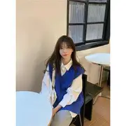 Plain Shirt / V-Neck Plain Sweater Vest Vest - Blue - L