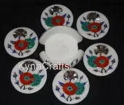Decorative Coaster Set with Marquetry Art White Marble Tea Coaster 4.5 Inches