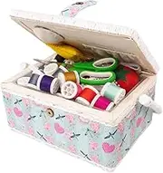 Sewing Box for Sewing Supplies Accessories Sew Kit Storage Organizer with Tools, Wooden Sewing Basket with Removable Tray Pincushion for Mending
