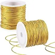 2 Rolls Metallic Elastic Cords Stretch Cord,0.8mm x 100M Ribbon Metallic Tinsel Cord Rope,for Braiding Rope for Gift Wrapping,Crafts,Ornaments Hanging,Jewelry Making,Bracelets,Hair Decorations (Gold)