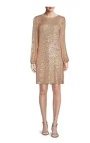 Preston & York 14 Rosa Gold Jewel Neck Sequin Party Dress Long Sleeve Shiny $139