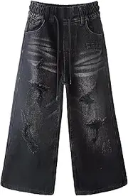 [Kidscool Space] Girls Ripped Denim Pants, 5-14T Wide-Leg Loose Elastic Waist with String Flared Jeans