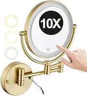 8" Wall Mounted Lighted Makeup Vanity Mirror with Touch Screen Stepless Dimming & 3 Color Lights, 2-Sided 1X/10X Magnifying LED Cosmetic Mirror, HD Shaving Mirror for Bathroom,Brushed Gold,Hard Wired