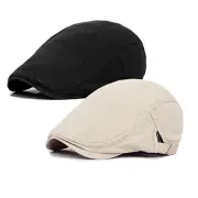 2 Pack Newsboy Hats for Men Flat Cap Cotton Adjustable One Size A-beige/Black