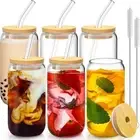 6PCs Drinking Glasses with Bamboo Lids and Glass Straw 16oz Can Shaped Cups