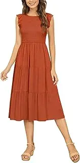 [Zattcas] Womens Tiered Dress Round Neck Ruffle Cap Sleeve Smocked Midi Dress