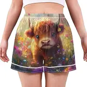 [RPLIFE] Cute Highland Cow Flowers Field Pajama Bottoms, Soft Comfy Lounge Shorts