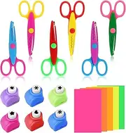 MXTIMWAN Children's Craft Scissors Set, 6 Pieces Children's Zigzag Scissors, 6 Pieces Paper Punch, 5 Pieces Paper Cut, Colourful Children's Scissors for Children Craft Design, Clipbook, DIY