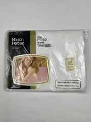 Vintage JCPenney TWIN Fitted Bed Sheet Solid White Print No Iron Percale NOS