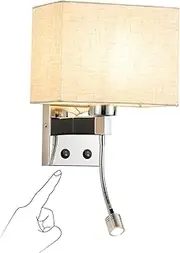 Fabric Wall Light with LED Reading Lamp for Living Room Study Room, Bedside Wall Lights with On/Off Switch for Bedroom Restroom Hotel Room, E27, Chrome
