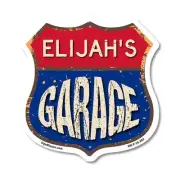 Elijah's Garage Shield Shaped Sign Weather Resistant Crafted in the USA