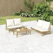 2 Piece Outdoor Patio Furniture Sets, Garden Lounge Set with Cream White Cushions Bamboo