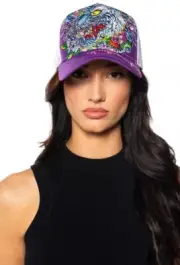 Ed Hardy snapback White Tiger Trucker Cap Hat Purple Curved Bill Structured
