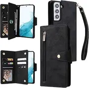 YocoverTech for Samsung S22 5G Case,for Galaxy S22 5G Wallet Case[6 Card Slots and 1 Zipper Coin Pocket] PU Leather Stand Flip Cover with Wrist Strap[6.1 inch]-Black