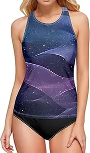 [AIXIWAWA] Women's Tankini Tops-Purple Fluid, Swimsuit Top for Beach Pool Vacation S