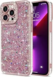 [ELEPIK] for iPhone 14 Pro Max Case, [Screen & Camera Protection] [Wireless Charging] [Sparkling Diamond] Slim Protective Shiny Bling Sparkly Cover with Crystal Diamonds for Women Girls, Pink