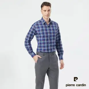 【pierre cardin 皮爾卡登】男襯衫 埃及棉進口素材純棉舒適休閒格紋長袖襯衫_深藍色格紋(23910-38)