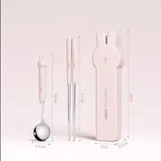 Stainless Steel Chopsticks / Fork / Spoon / Case / Set (Various Designs) Set Of 3 - Chopsticks & Spoon & Case - Rabbit - Pink - One Size