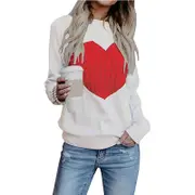 Nevenka Women's Long Sleeve Pullover Sweater CrewNeck Cute Heart Knit Sweater-White Red