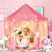 Princess Tent Girls Large Playhouse Kids Castle Play Tent with Star Lights Toy for Children Indoor and Outdoor Games, 55'' x 53'' (DxH) (Pink Tent with Mat)