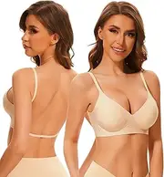 [BOUFOR] Deep V Neck Backless Bra Padded Bralette Push Up Seamless Low Cut Wire-Free Convertible Low Back Bras for Women