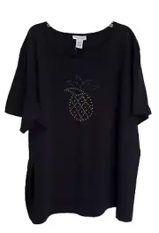 NWT Avenue Women's Black Tee Shirt Embellished Pineapple Plus Size 26/28