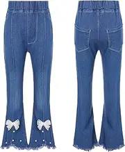 [iiniim] Kids Girls Bowknot Flare Denim Pants Ruffle Bell-Bottoms Wide Leg Flared Trousers Fashion Jeans Casual Clothes