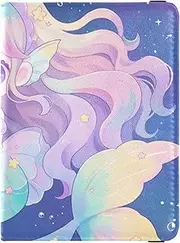 [Amooorous] Chibi - Style Cute Mermaid Pastel Color Leather decorative Passport Card Holder Cover Combo Vaccine Card Holder Cover Combo Passport Case Travel Documents Wallet Lightweight, chibi - style cute