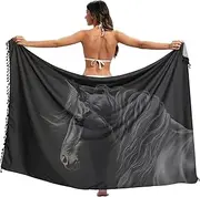 [XYMZR] Women's Sarong Swimsuit Coverups Black Horse Black Feather Chiffon Bikini Wraps Skirt with Tassels L