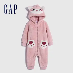 Gap 嬰兒裝 造型連帽長袖包屁衣/連身衣 抱抱絨系列-粉紅色(788681)
