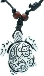 White Wood Turtle Pendant Rope Necklace Coqui Taino Sun, Cotton Cord Yin Yang